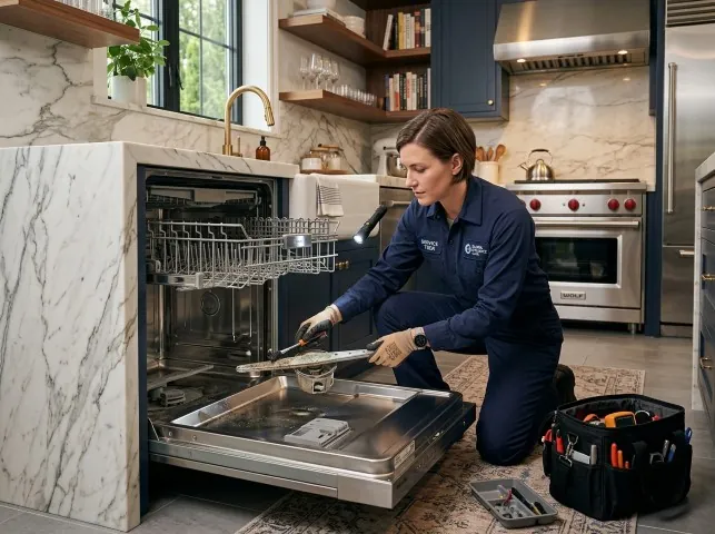 Appliance Repair Hero technician servicing a built-in dishwasher in a Ashfield, PA kitchen