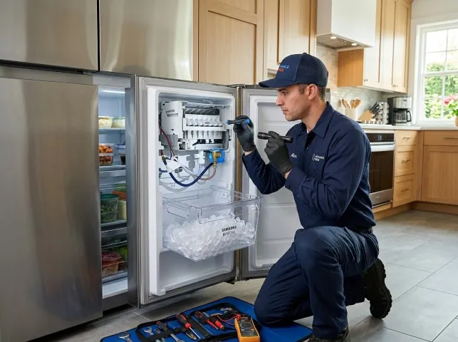 Appliance Repair Hero technician repairing a refrigerator ice maker in Ashfield, PA
