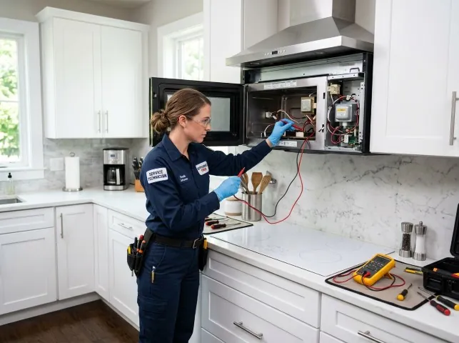 Appliance Repair Hero technician testing an over-the-range microwave in a Ashfield, PA kitchen