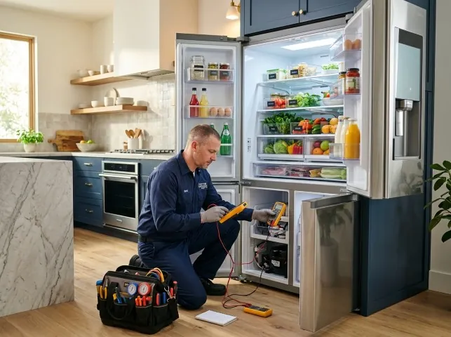 Appliance Repair Hero refrigerator technician testing a fridge on a Ashfield, PA service call